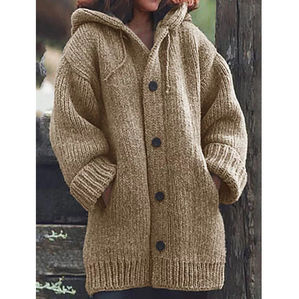 Button Down Hooded Knitted Cardigan Plus Size Outerwear Image 3