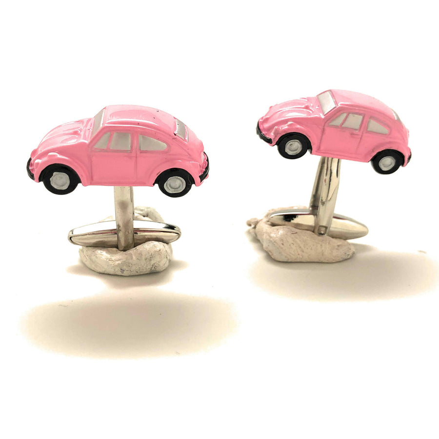 Pink Beetle Car Cufflinks Hot Pink Finish Collection Classic Bug Fun Cool Unique Cuff Links Comes with Gift Box Image 1