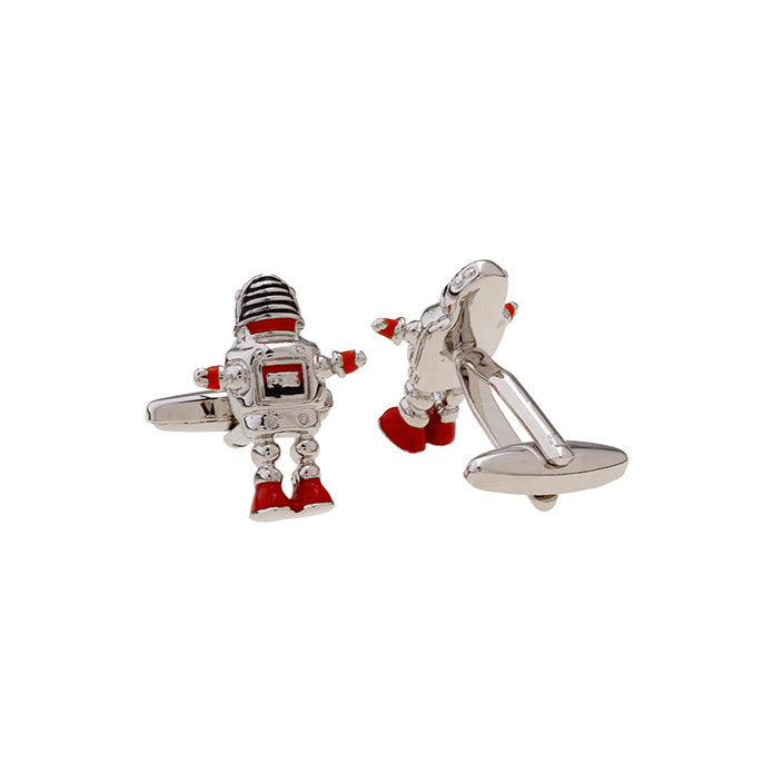 Retro Robot Cufflinks Silver Red Black Enamel Arms Head and Legs Cool Fun Unique Cuff Link Comes with Gift Box White Image 2