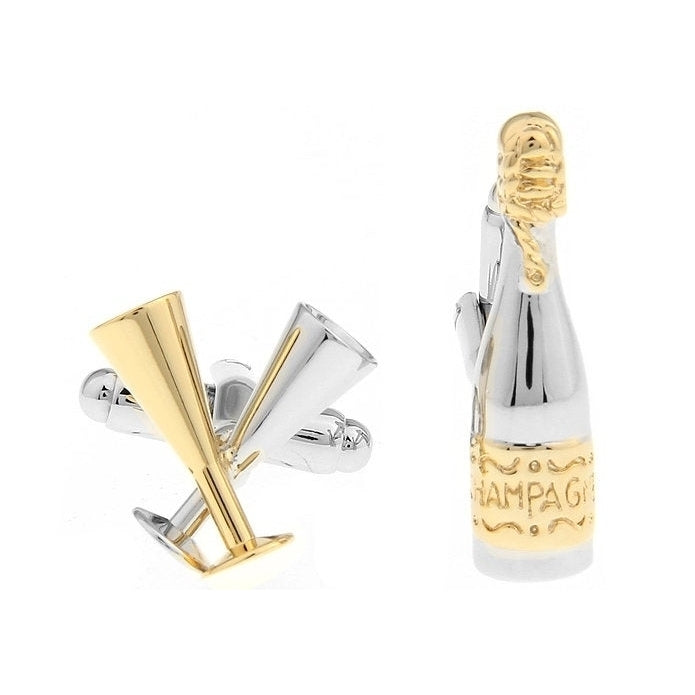 Champagne Bottle and Glasses Cufflinks Gold and SIlver Open up the Bubbly Champagne Cuff Links Image 1