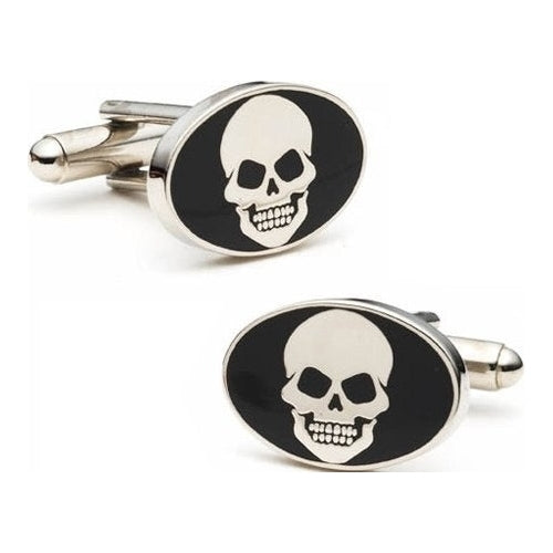 Silver and Black Enamel Skull Smiling Undead Skeleton Oval Cufflinks Cuff Links Image 1