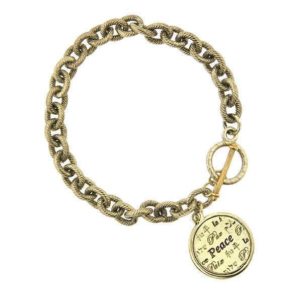 Gold World Peace on Earth Charm Toggle Circle Heavy Chain Bracelet Christmas Silk Road Jewelry Image 1