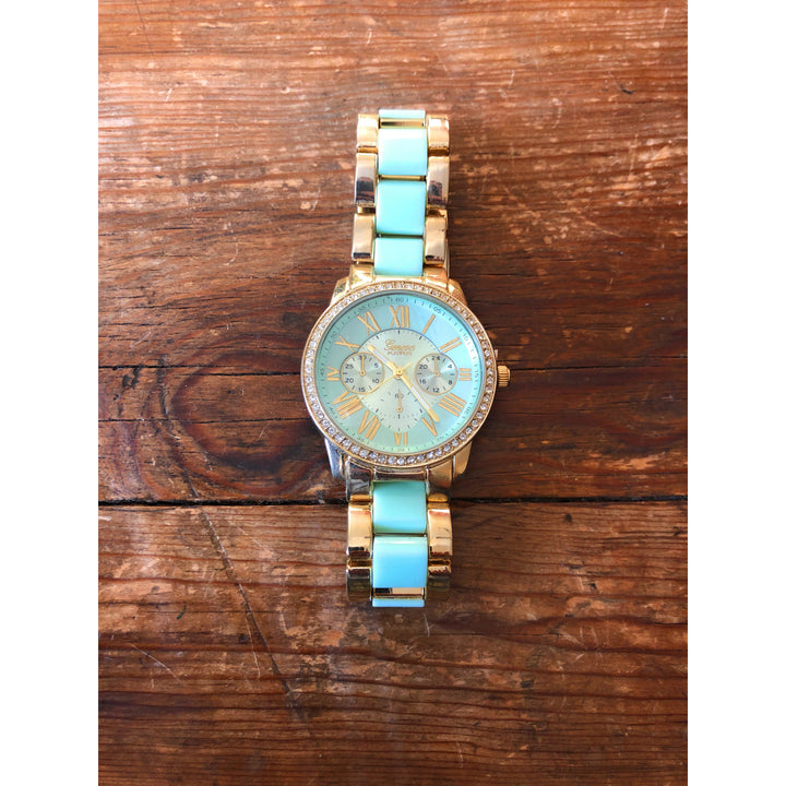 Womens Watch Black Gold Band Aqua Gold Band Turquoise Gold Shell Gold Ladies Wrist Watch Accents Designs Gifts for Mom Image 4