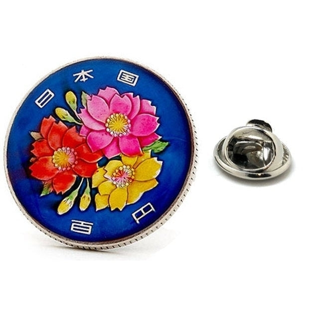 Enamel Pin Japanese Bloom Enamel Coin Lapel Pin Tie Tack Collector Pin Blue Red Flower Yellow Travel Souvenir Art Hand Image 1