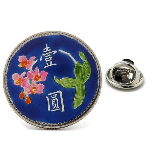 Enamel Pin China Taiwanese Yuan Orchid Coin Lapel Pin Taiwan Tie Tack Collector Pin Blue Green Flower Coin Travel Art Image 1