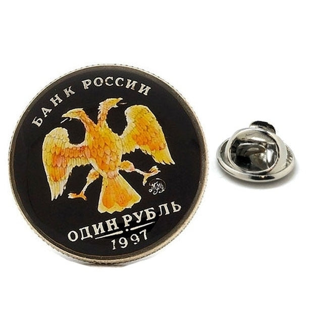 Enamel Pin Russian Ruble Coin Lapel Pin Tie Tack Collector Pin Black Gold Enamel Coin Travel Souvenir Art Hand Painted Image 1
