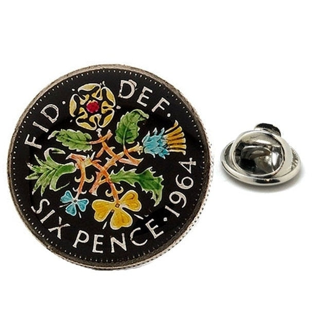Enamel Pin Six Pence Coin Lapel Pin Tie Tack Collector Pin Black England UK Enamel Coin Travel Souvenir Art Hand Painted Image 1