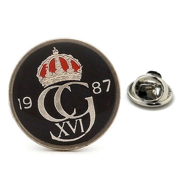 Enamel Pin Swedish Enamel Coin Lapel Pin Tie Tack Collector Pin Black Red Silver Crown Travel Souvenir Hand Painted Image 1