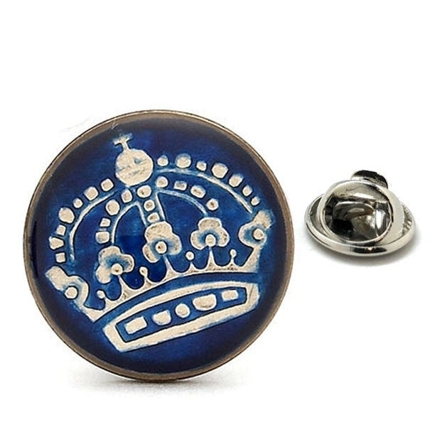 Enamel Pin Swedish Enamel Coin Lapel Pin Tie Tack Collector Pin Royal Blue Silver Crown Travel Souvenir Hand Painted Image 1