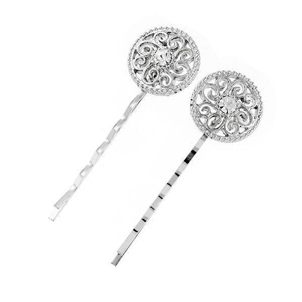 Glistening Wedding Pin Silver Tone Elegant Round Filigree Crystal Bobby Pins Pair Hair Jewelry Image 1