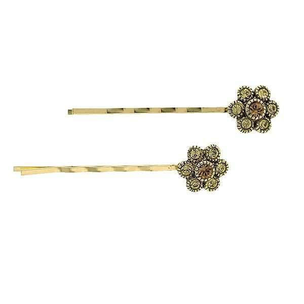 Gold Topaz Color Flower Pin Silver Tone Elegant Bobby Pin Pair Hair Jewelry Image 1
