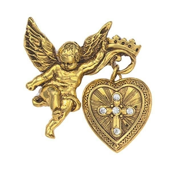 Gold Glory of the Cross Brooch Angel Locket Pin Faith Brooch Jewelry Image 1
