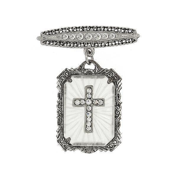 Crystal Cross accents a Frosted Stone Brooch Pin Faith Jewelry Image 1