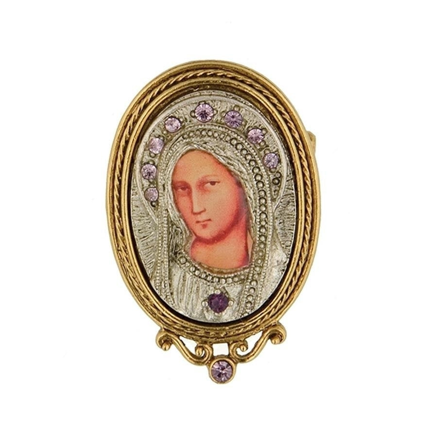 Mother Mary Pin Brooch Purple Crystals Gold and Silver Tone Iconica Mary Pin Faith Jewelry Image 1