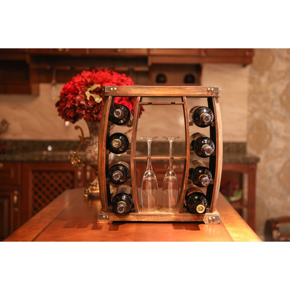 Decorative Wooden 8 Bottle Rustic Wine Rack with Glasses Holder Image 2