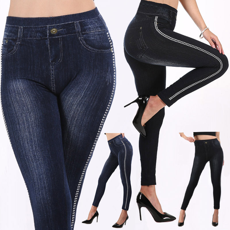 Womens Imitation Denim Fashion Side Dot High Waist Leggings Image 1