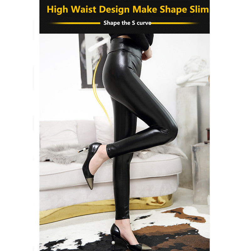 Female Feet High Waist Pu Bright Leather Plus Velvet Leggings Image 7