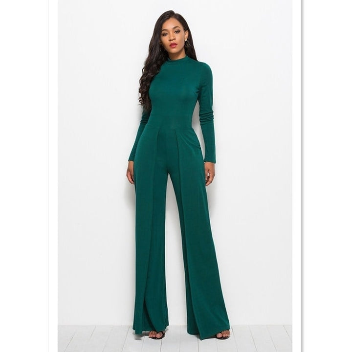 Womens Fashion Round Neck Long Sleeve Wide Jumpsuit Image 1