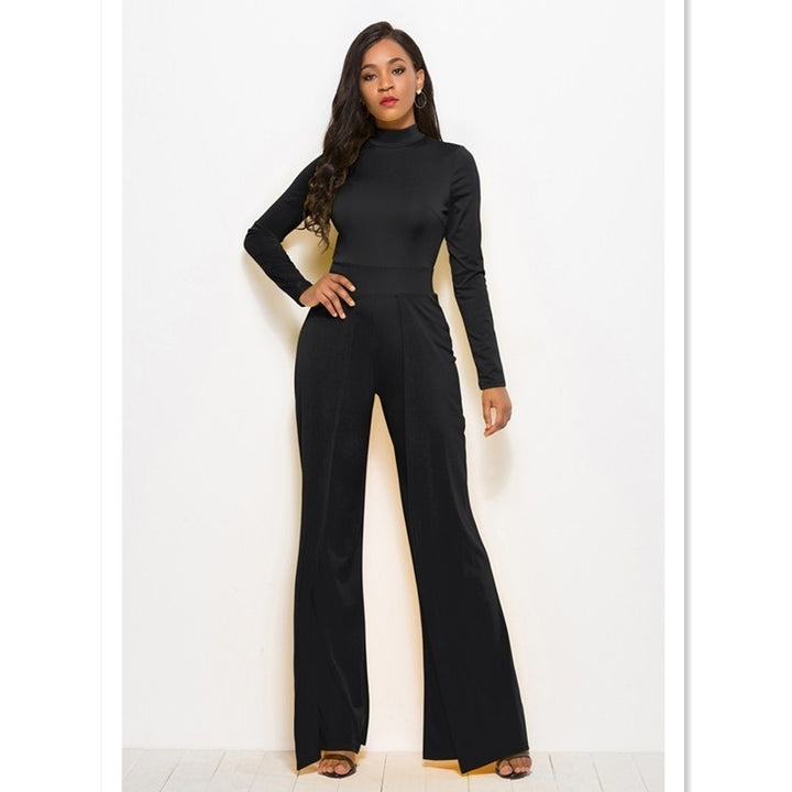 Womens Fashion Round Neck Long Sleeve Wide Jumpsuit Image 4