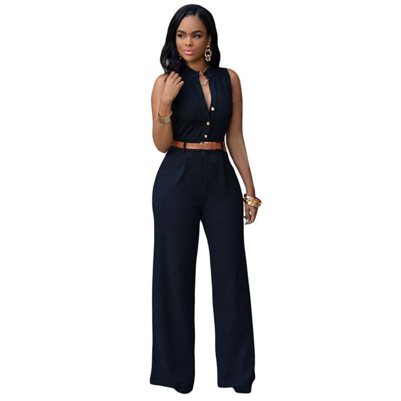 Womens Single-Breasted High-Waist Belted Wide-Leg Jumpsuit Image 4