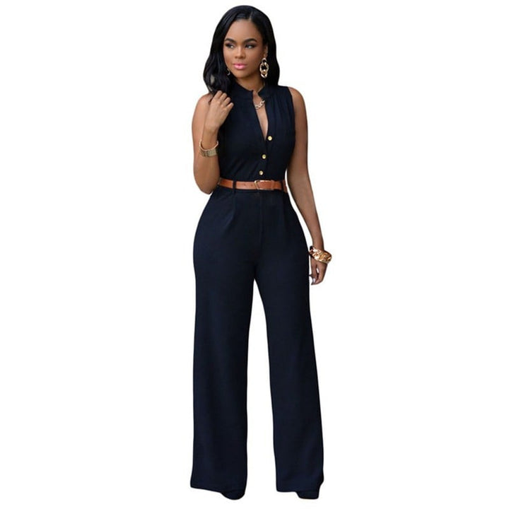 Womens Single-Breasted High-Waist Belted Wide-Leg Jumpsuit Image 1