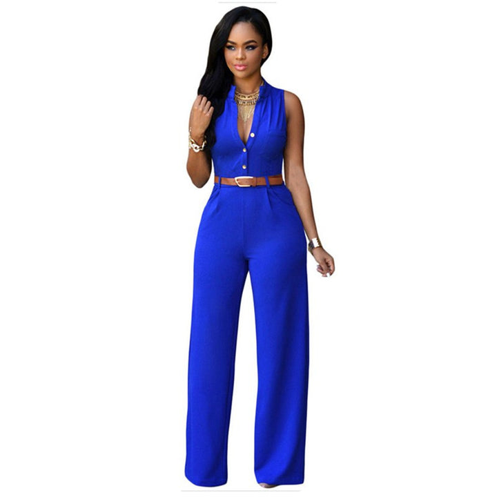 Womens Single-Breasted High-Waist Belted Wide-Leg Jumpsuit Image 4