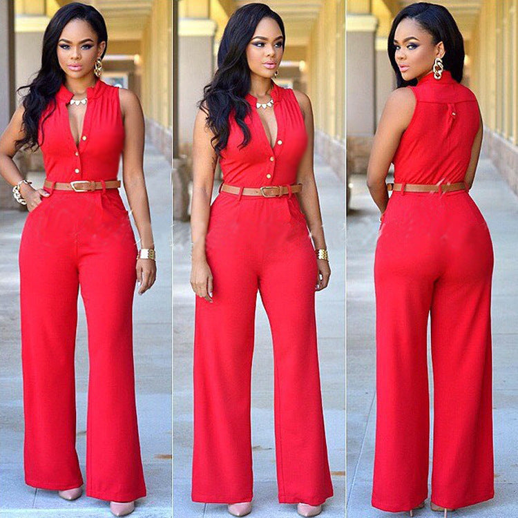 Womens Single-Breasted High-Waist Belted Wide-Leg Jumpsuit Image 6