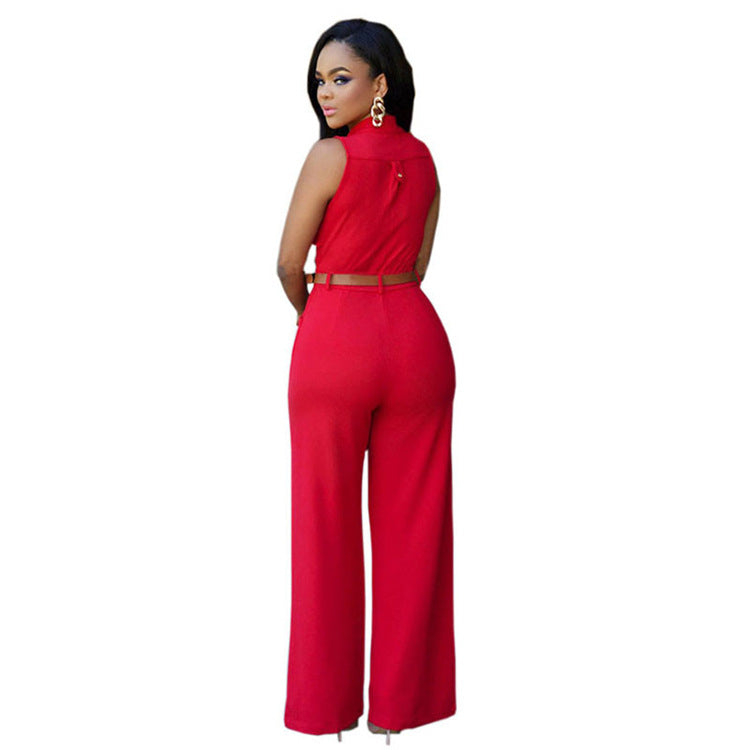 Womens Single-Breasted High-Waist Belted Wide-Leg Jumpsuit Image 8