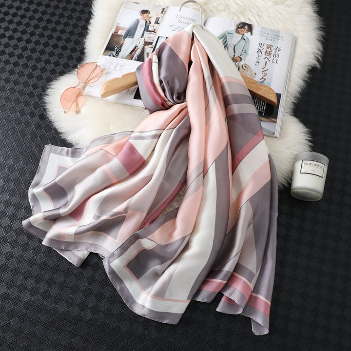 Womens Spring And Summer Simulation Silk Color Grid Print Scarf Shawl Image 1