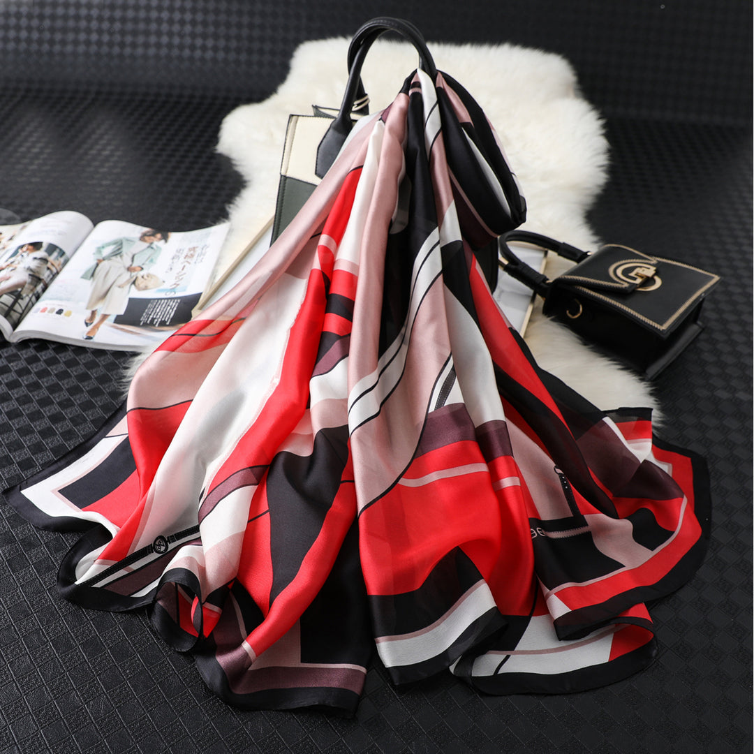 Womens Spring And Summer Simulation Silk Color Grid Print Scarf Shawl Image 3