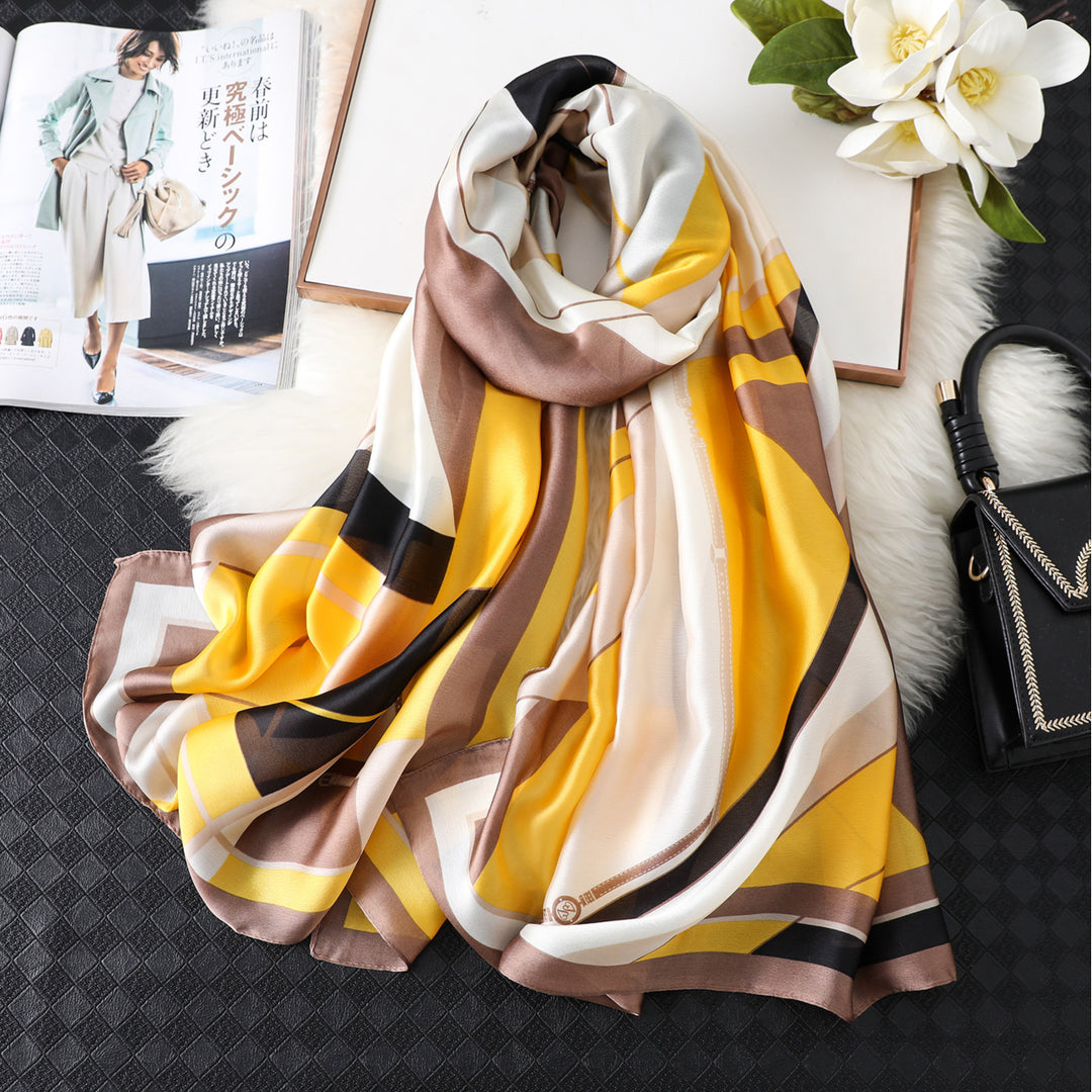 Womens Spring And Summer Simulation Silk Color Grid Print Scarf Shawl Image 4