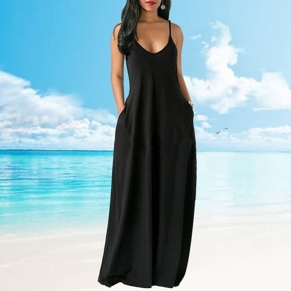 Women Summer Loose Sling V-neck Backless Sleeveless Pockets Maxi Dress Image 2