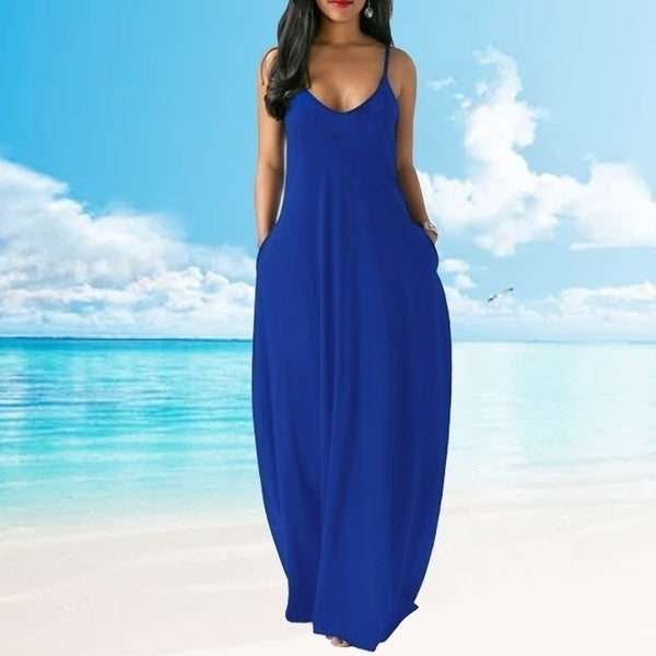 Women Summer Loose Sling V-neck Backless Sleeveless Pockets Maxi Dress Image 3