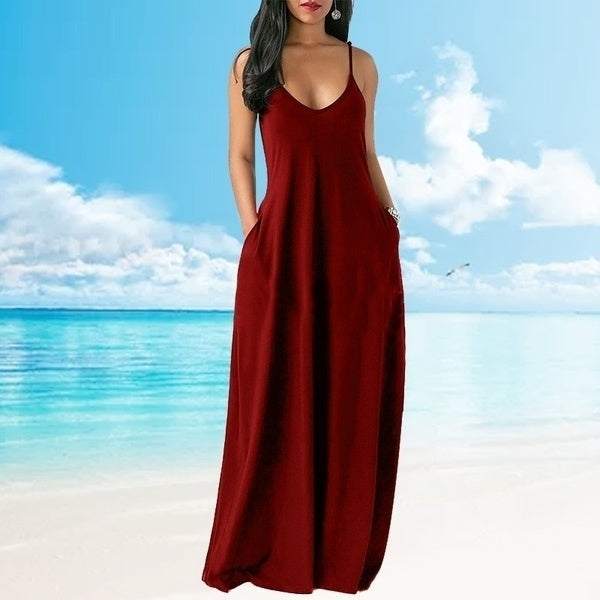 Women Summer Loose Sling V-neck Backless Sleeveless Pockets Maxi Dress Image 4