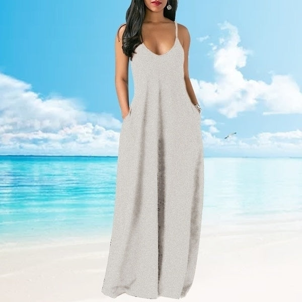 Women Summer Loose Sling V-neck Backless Sleeveless Pockets Maxi Dress Image 6