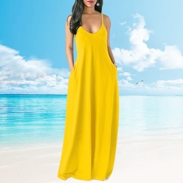Women Summer Loose Sling V-neck Backless Sleeveless Pockets Maxi Dress Image 7