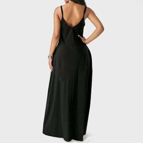 Women Summer Loose Sling V-neck Backless Sleeveless Pockets Maxi Dress Image 9