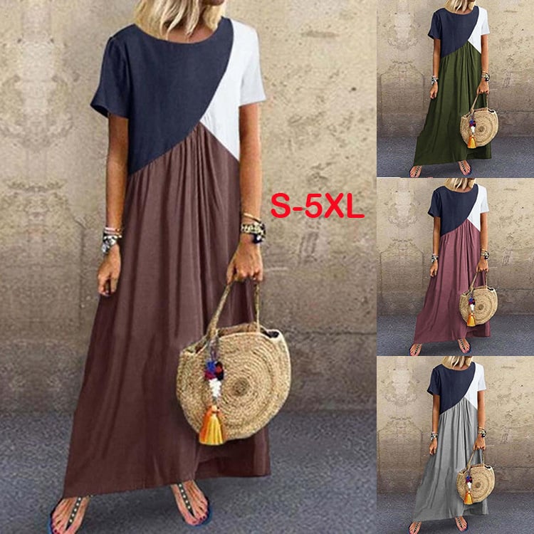 Women Cotton Linen Maxi Dress Geometric Irregular Dresses S-5XL Image 1