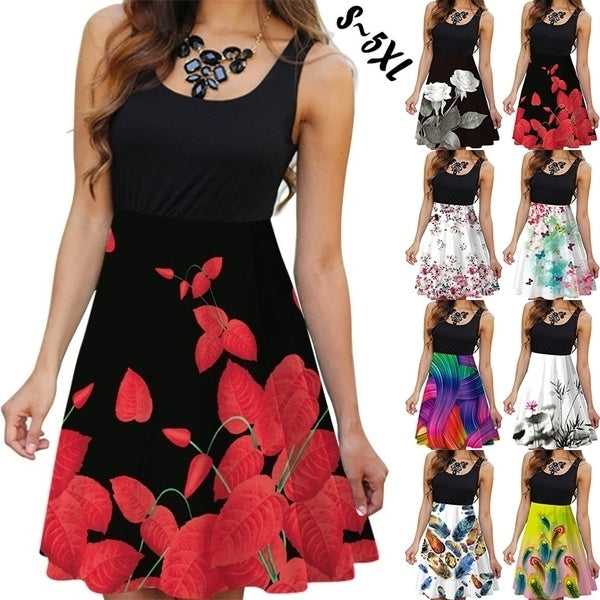 Women Round Neck Casual Sleeveless Floral Printed Dress Slim Plus Size Image 1