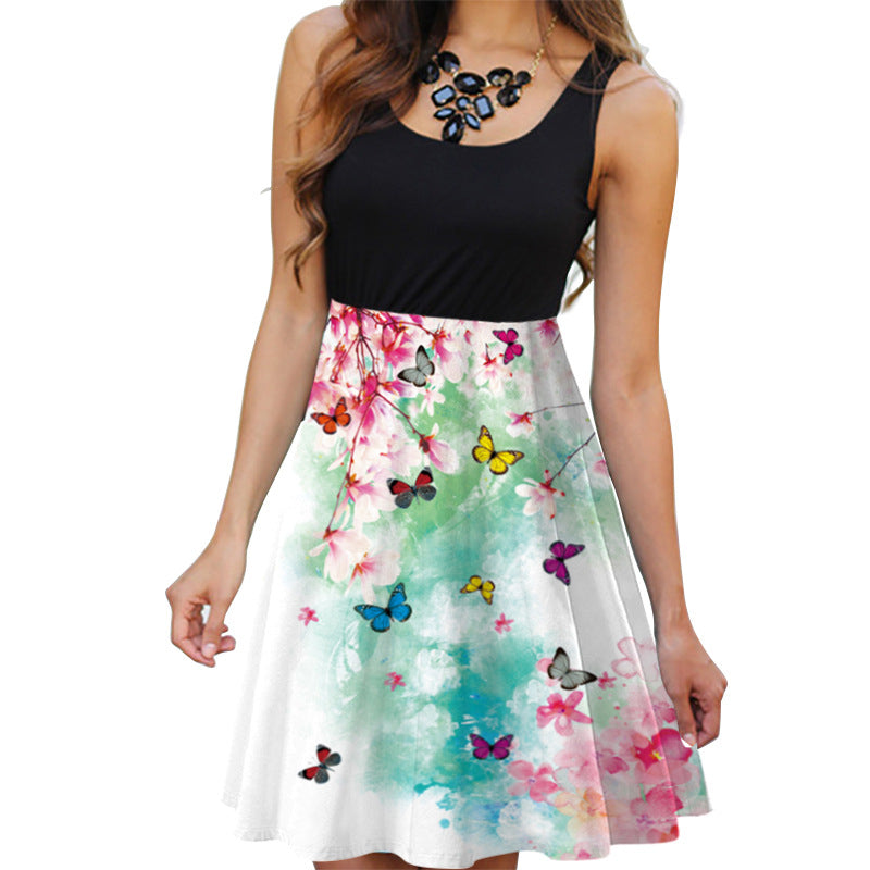 Women Round Neck Casual Sleeveless Floral Printed Dress Slim Plus Size Image 4