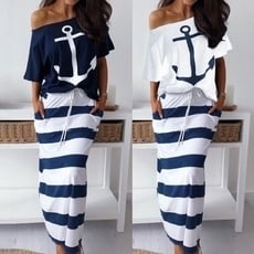 Women Two Pieces Dress Off Shoulder T-Shirt and Striped Maxi Skirt Sets Image 2