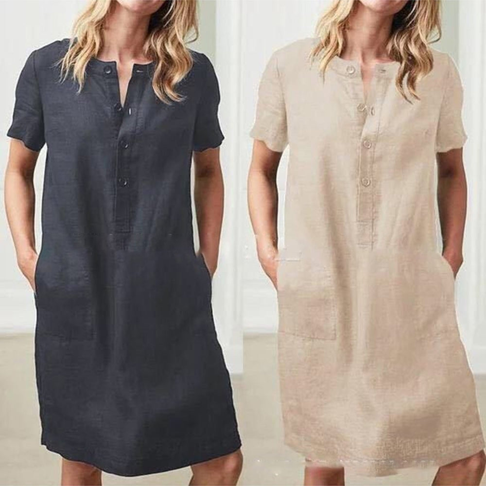 Womens O Neck Short Sleeve Cotton Linen Casual Knee Length Dress Image 2