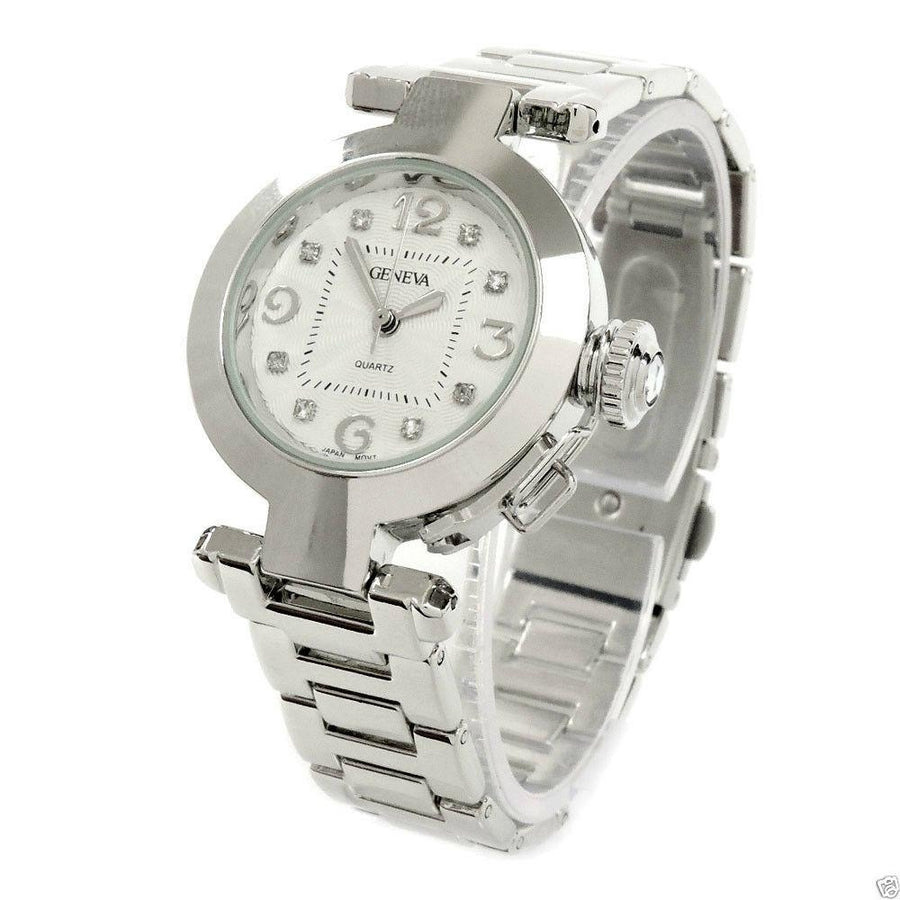 Clearance - Silver Crystal Cabochon Crown Cover Geneva Womens Bracelet Quartz Watch Image 1