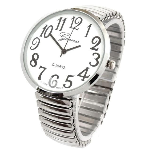 Silver Super Size Round Face Easy to Read Stretch Band Watch Image 1