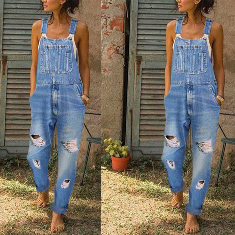 Womens Mid-Rise Ripped Denim Overalls Image 3