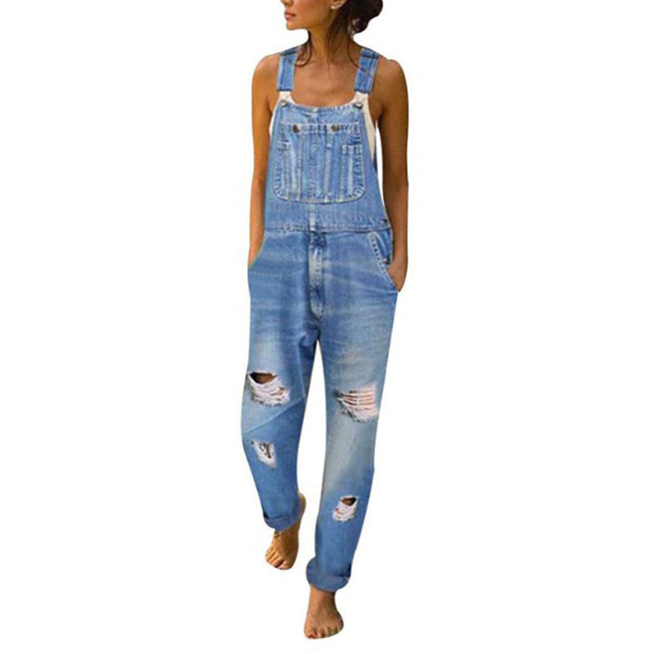 Womens Mid-Rise Ripped Denim Overalls Image 4