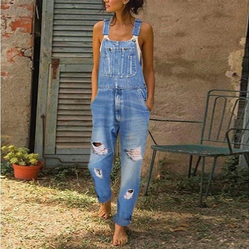 Womens Mid-Rise Ripped Denim Overalls Image 6