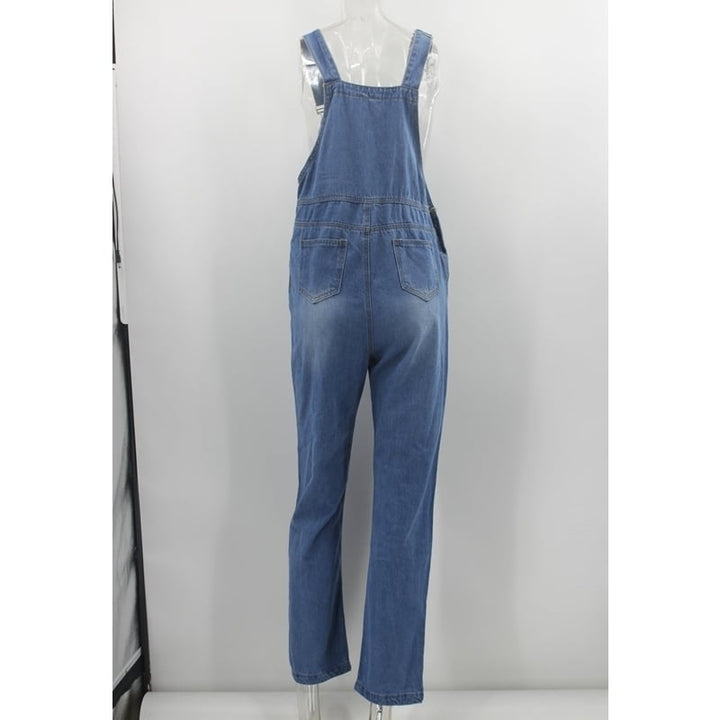 Womens Mid-Rise Ripped Denim Overalls Image 8