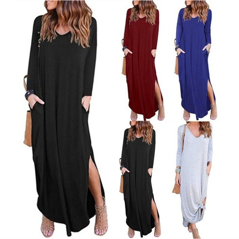 Womens Pocket Split Long Sleeve Dress Image 1