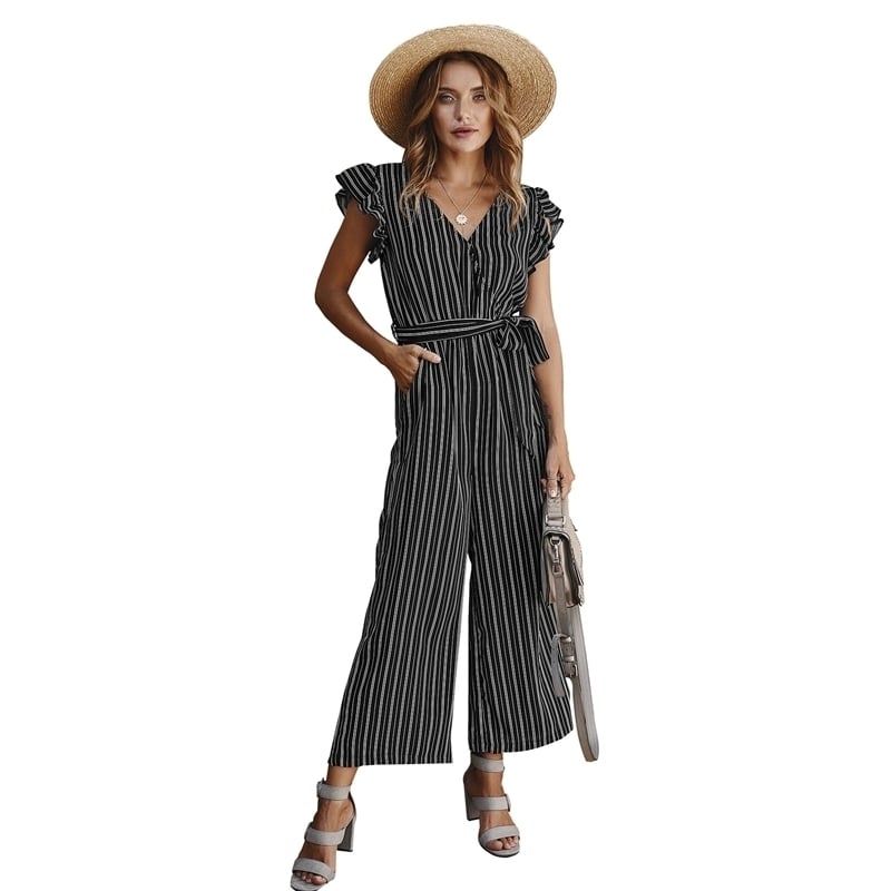 Womens Striped Jumpsuit Ruffle Sleeves Image 1